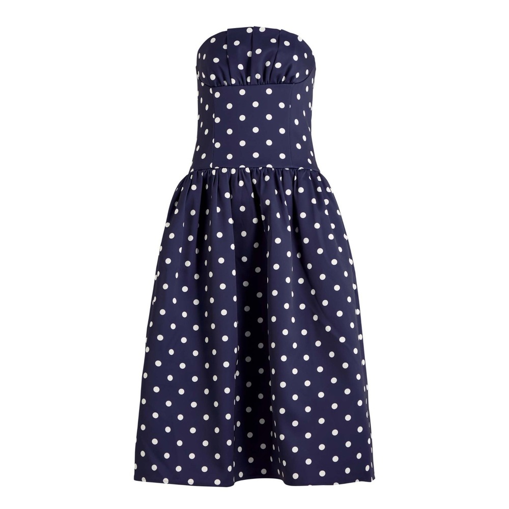 B67 Self Portrait Polka Dot Midi Dress 8 Strapless Satin Navy White Cocktail - Picture 3 of 13
